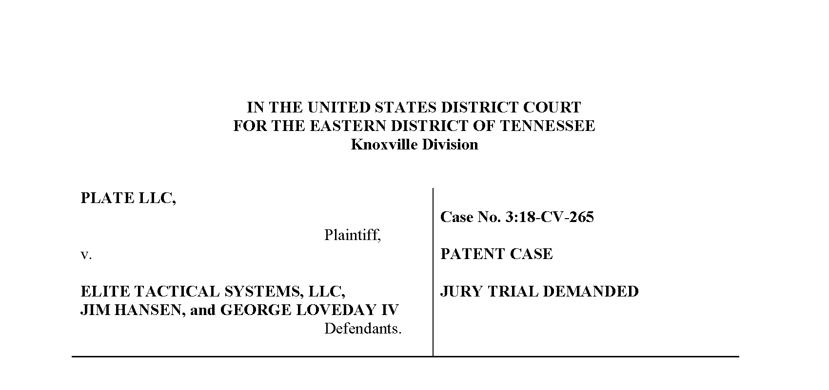 PLATE, LLC Announces Patent Infringement Lawsuit Against Elite Tactical Systems Group, LLC